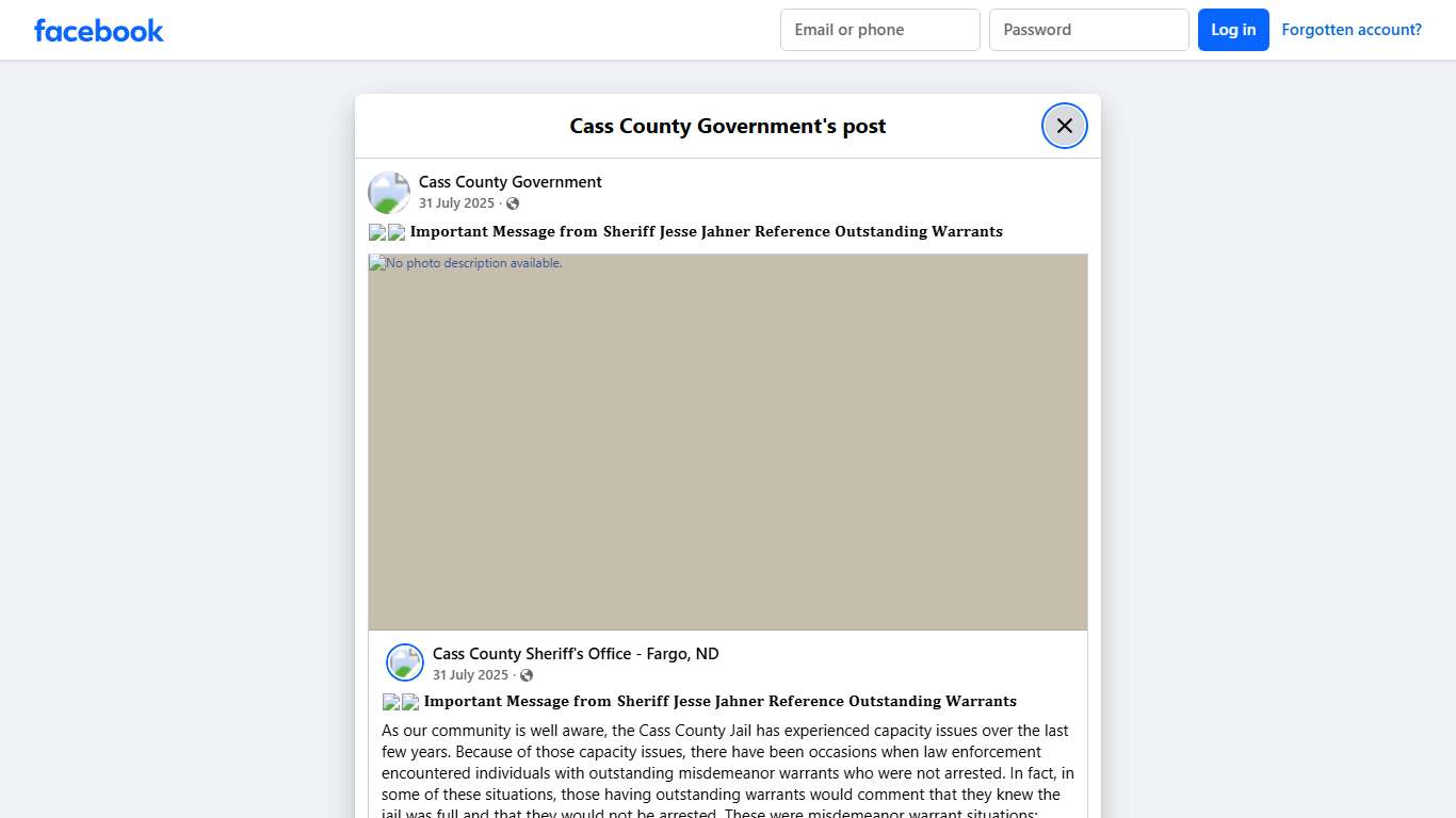 🚨👇 𝐈𝐦𝐩𝐨𝐫𝐭𝐚𝐧𝐭 𝐌𝐞𝐬𝐬𝐚𝐠𝐞 𝐟𝐫𝐨𝐦 𝐒𝐡𝐞𝐫𝐢𝐟𝐟... - Cass County Government | Facebook